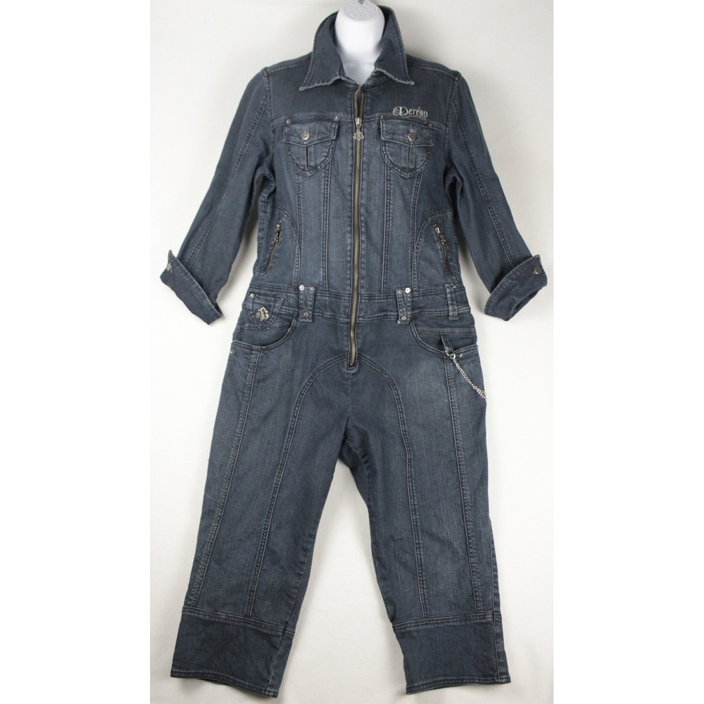 Dereon Denim Jumpsuit Womens XL Dark Wash Cropped Y2K Utility Zip Front